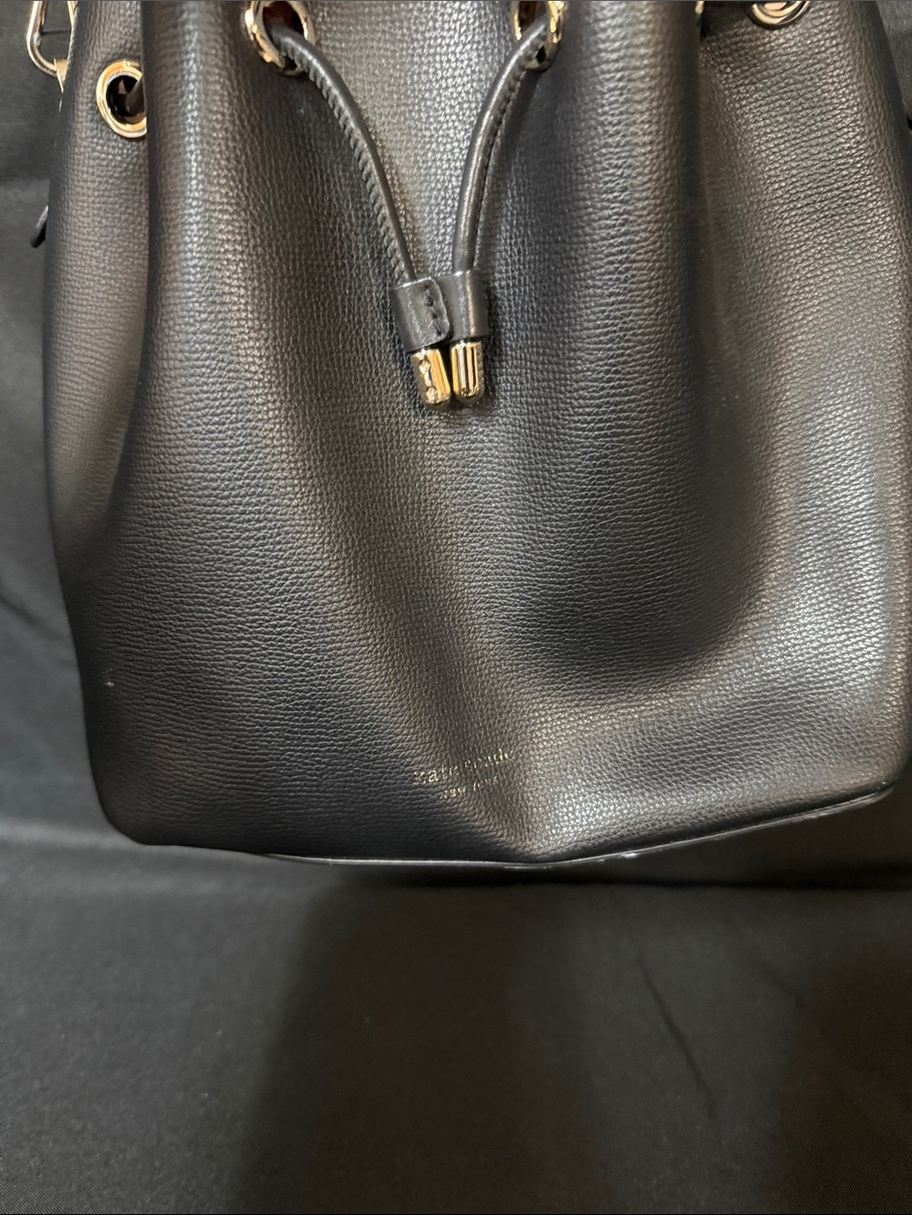 kate spade Black Pebbled Leather Drawstring bucket style Bag with Gold Hardware